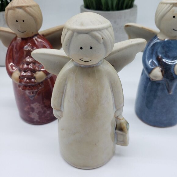 Ceramic or Pottery Red Cream Blue Vintage 3pc Angel Set - Picture 4 of 11